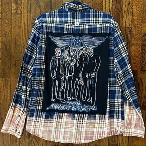 Aerosmith Fan Club Reworked Bleached Plaid Shirt - Blue and Black Large